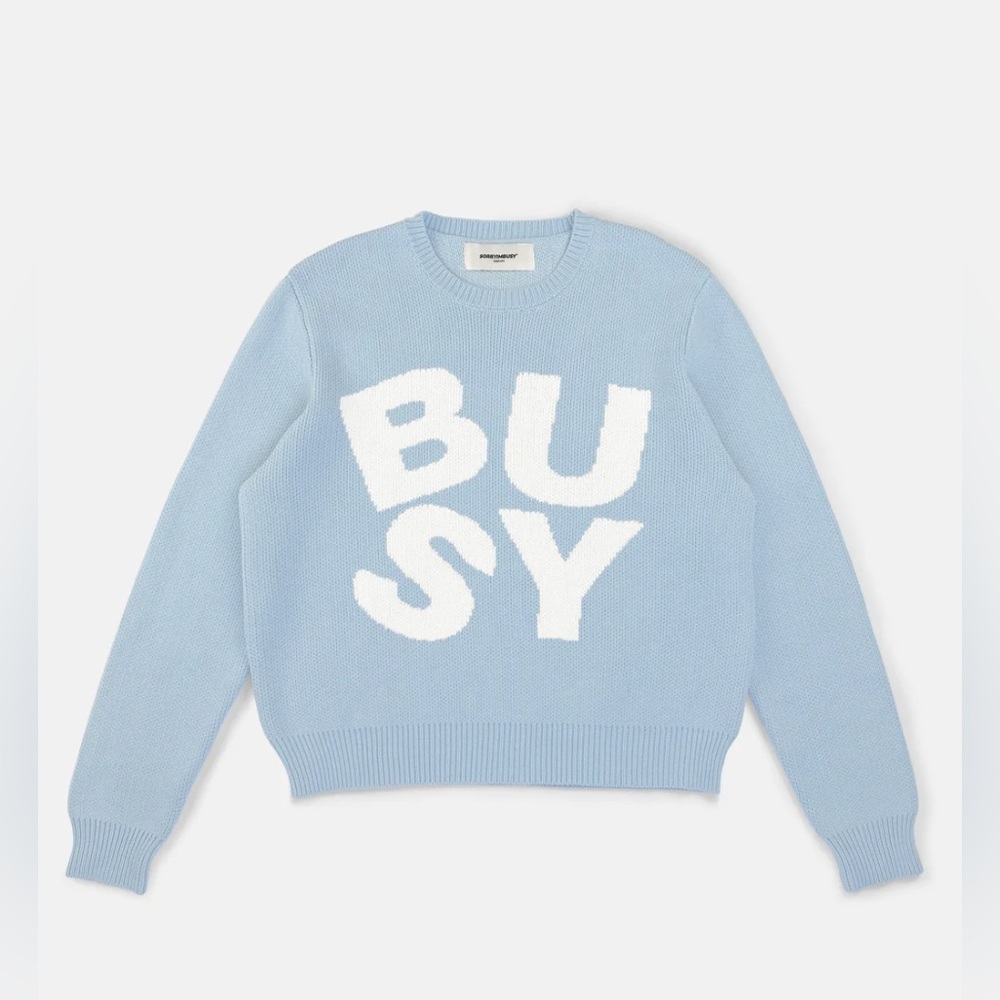 SORRYIMBUSY BABY BLUE SPELLOUT KNIT SWEATER